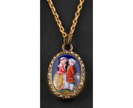 A late 19th century, Rococo revival, vari-coloured, guilloche enamel pendant, probably French, with hand-painted courting cou