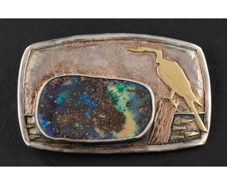 *  Charmian Harris, a brooch, depicting a crane by the side of a boulder pond, with maker's mark 'CH', total length ca. 4.5cm