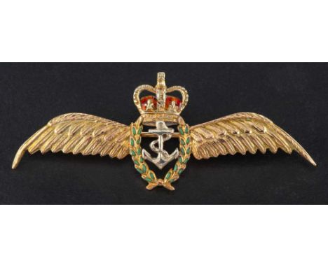 A 9ct gold, red and green enamel, Royal Navy Fleet Air Arm Sweetheart brooch, with hallmarks for Birmingham, 1964, length ca.