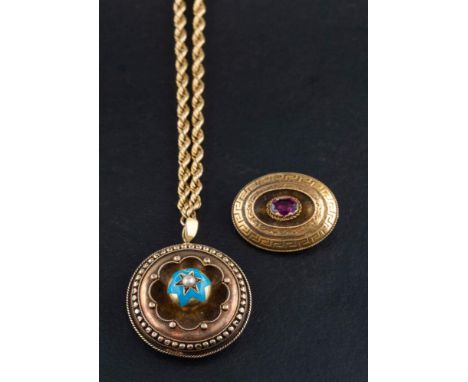 An Estruscan style gold locket pendant and a Greek key pattern locket brooch, the locket set with seed pearl and turquoise en