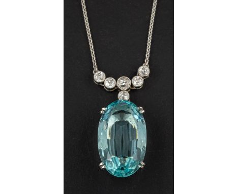 An oval, mixed-cut aquamarine and old-cut diamond pendant, estimated aquamarine weight ca. 11.50cts, total estimated diamond 