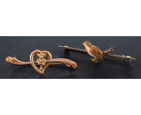 Two bar brooches, including a vari-coloured enamel robin and a Lincoln imp with witch's heart surround, stamped '9CT', length