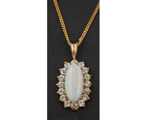 An oval, cabochon-cut opal and CZ cluster pendant, estimated opal weight ca. 0.55ct, together with a 9ct gold, curb-link chai