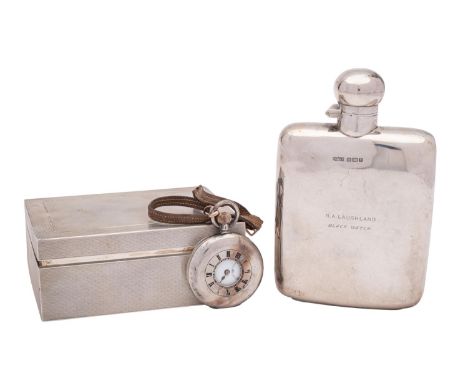 A George V silver hip flask, maker James Dixon &amp; Sons, Sheffield, 1915,  inscribed, 14cm high, a silver cigarette box of 