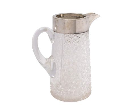 A clear glass and silver plate mounted cordial jug of cylindrical tapering form, with cut hobnail decoration to the sides and