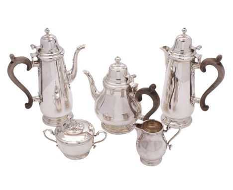 An Elizabeth II silver  five-piece tea and coffee set , maker A Haviland-Nye, London, 1968 in the Queen Anne style with cut p