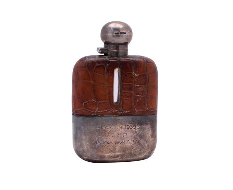 A silver mounted  and leather bound mounted hip flask, maker James Dixon & Sons Ltd, Sheffield, 1939,  inscribed, 14cm high, 