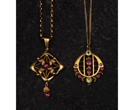 Two gemset, openwork pendants, including a ruby, peridot and seed pearl pendant, and a garnet pendant, together with a curb-l