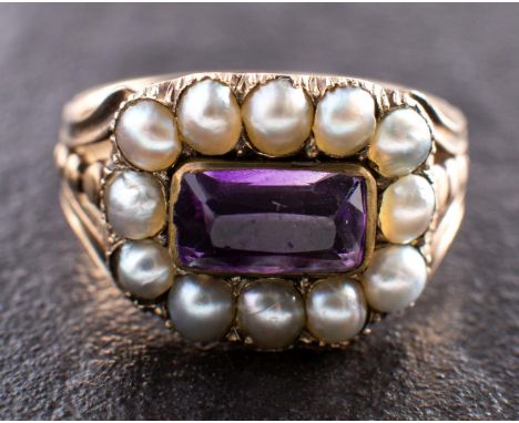 A Georgian amethyst and seed pearl sentimental ring, inscription to verso 'Token of Esteem', length of ring head ca. 1.4cm, r