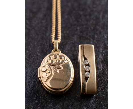 Two pendants, including a 9ct gold, oval locket pendant and a diamond set pendant, stamped '9K', together with a 9ct gold tra