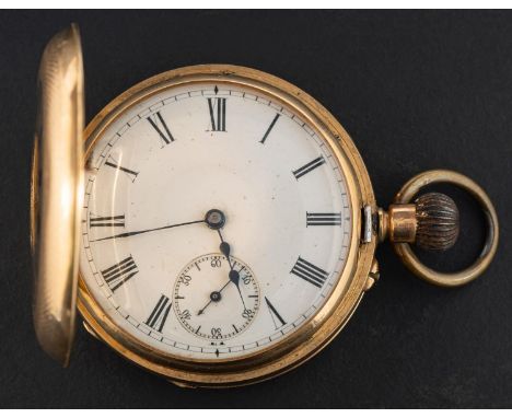 A half hunter pocket watch, with crown wind mechanism, the white enamel dial with Roman numerals and subsidiary second hand d