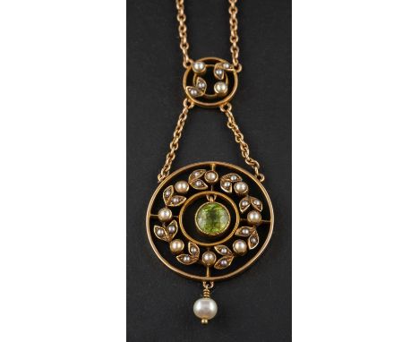 An early 20th century, garland style, openwork wreath, peridot, seed pearl and pearl pendant, estimated peridot weight ca. 1.