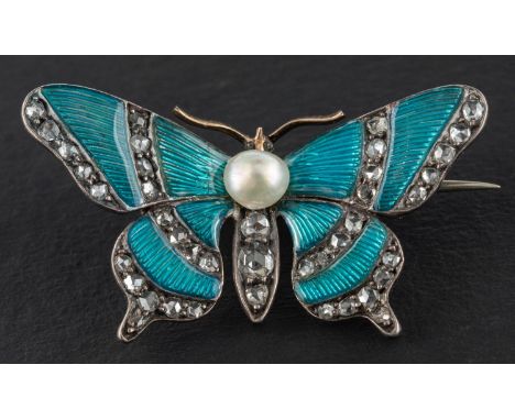 A Victorian, rose-cut diamond, pearl and blue enamel butterfly brooch, estimated total diamond weight ca. 0.40cts, length ca.
