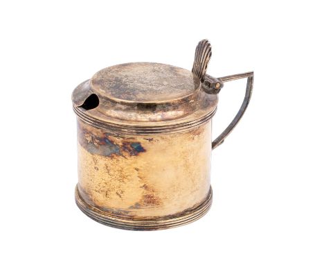 A George V silver mustard pot and cover, maker William Hutton &amp; Sons Ltd, Birmingham, 1912, cylindrical outline, hinged s