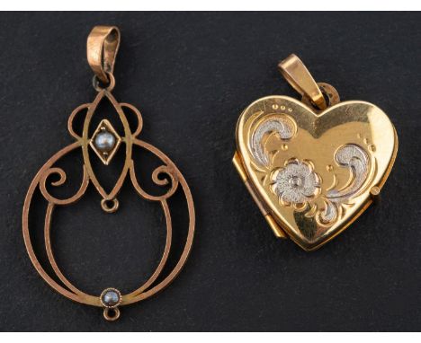 Two pendants, including a 9ct gold, bi-colour, heart-shaped locket with import marks for Birmingham, 1989; an openwork seed p