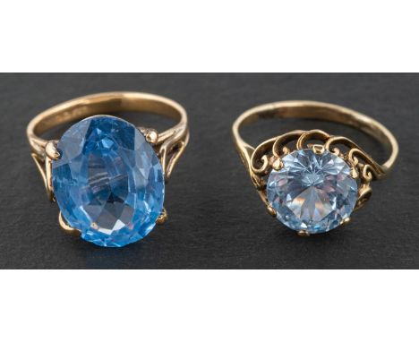 Two synthetic blue spinel rings, including a 9ct gold ring with indistinct hallmarks, length of ring head ca. 1.6cm, ring siz