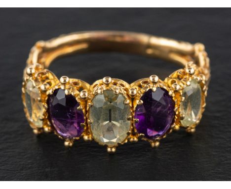 A Victorian, chrysoberyl and amethyst ring five-stone, total estimated chrysoberyl weight ca. 1.60ct, length of ring head ca.