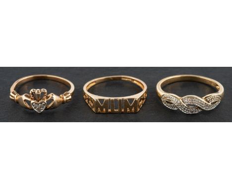 Three 9ct gold rings, including a ring spelling 'MUM', a single-cut diamond fede ring and a single-cut diamond cross-over rin