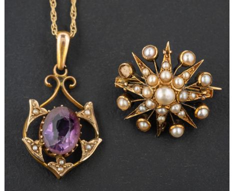 A seed pearl, star burst brooch and an amethyst and seed pearl openwork pendant, the pendant stamped '9CT', the chain stamped