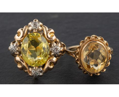 Two gemset rings, including a 9ct gold citrine ring, with hallmarks for Birmingham, 1974, length of ring head ca. 1.6cm, ring