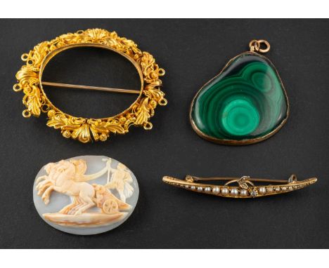 A pendant and two brooches, including an old-cut diamond and seed pearl crescent brooch, length ca. 5.5cm; a malachite pendan
