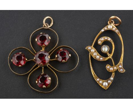 Two openwork pendants, including a seed pearl pendant of foliate design, stamped '9CT', and a quatrefoil garnet pendant, leng