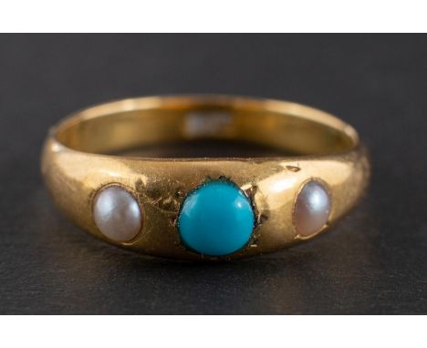 A turquoise and pearl, three-stone ring, stamped '18CT', length of ring head ca. 1.5cm, ring size N, total weight ca. 3.5gms,