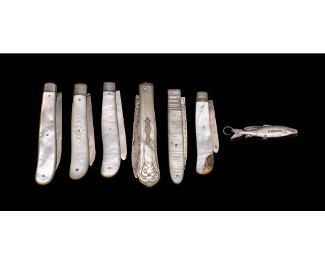 A collection of silver folding fruit knives with mother-of-pearl handles, various makers and dates,  together with a folding 