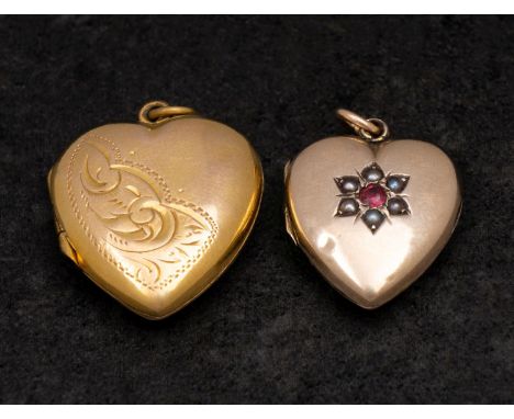 Two heart-shaped locket pendants, including one with engraved floral decoration, stamped '9CT', and another with seed pearl a