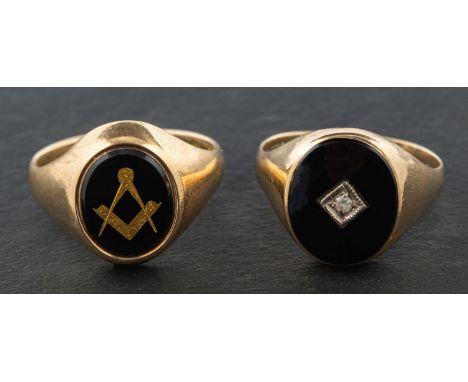 Two 9ct gold, signet rings, including a black enamel ring with Masonic compasses, ring size T; together with an onyx and whit