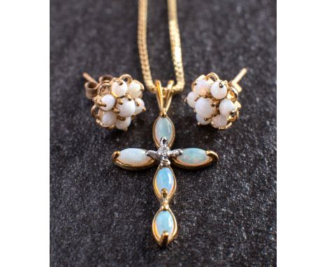 A 9ct gold, opal and single-cut diamond, cruciform pendant and opal flowerhead ear studs, together with a 9ct gold, box-link 