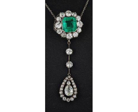 An octagonal step cut emerald  and old-cut diamond cluster with pear-shaped diamond drop pendant necklace/ brooch/ collar nec