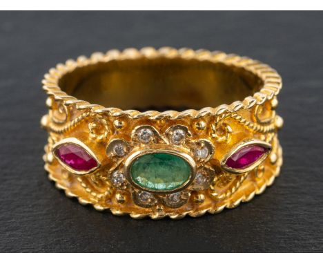 An emerald, ruby and single-cut diamond ring, estimated emerald weight ca. 0.20ct, total estimated ruby weight ca. 0.35ct, st