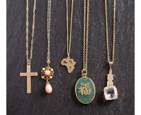 Five pendants, including a cruciform pendant, stamped '9CT'; a pendant in the shape of Africa, stamped '9CT'; a mixed-cut, cu