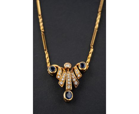 A sapphire and round, brilliant-cut diamond, bar chain necklace, total estimated diamond weight ca. 0.35ct, with Italian cont