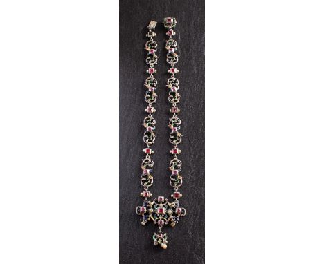 A vari-coloured enamel, baroque and seed pearl Gothic revival necklace, total length ca. 41cm, total weight ca. 45gms.