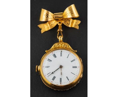 !  Baugrand, France, a mid 19th century fob watch, with cylinder escapement movement with plain balance, the white enamel dia