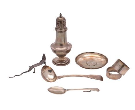 A mixed collection of silverwares, various makers and dates includes;-sugar caster, napkin rings, dish, preserve spoon, sauce