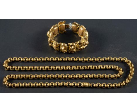 A 19th century gilt metal muffchain and gilt metal bracelet, length of chain ca. 95cm, length of bracelet ca. 19cm.