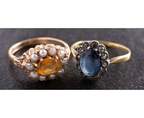 Two cluster rings, including a 9ct gold, citrine and seed pearl cluster ring, with hallmarks for Birmingham, 1963, length of 