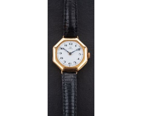 Omega, a wristwatch  the circular, white enamel dial with baton markers and Arabic numerals, manual winding, the case stamped