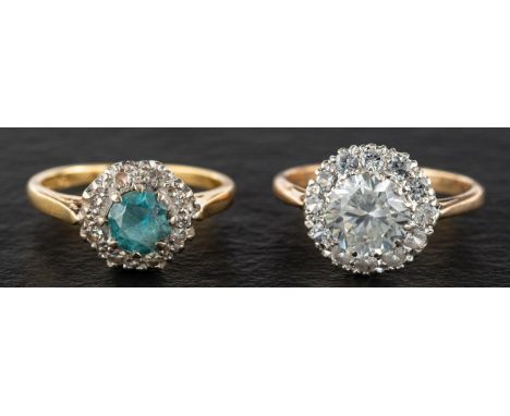 Two gemset cluster rings, including an 18ct gold blue zircon and single-cut diamond ring, total estimated diamond weight ca. 