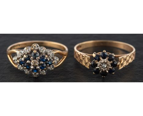 Two 9ct gold sapphire and diamond cluster rings, including one with hallmarks for London, 1988; length of ring head ca. 1.9cm