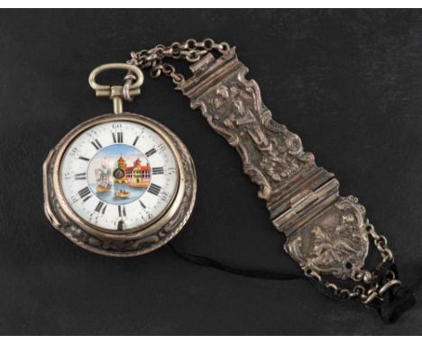 Weldon, London, a silver and enamel pair case watch with silver fob, the fusee movement having an engraved backplate, a pierc