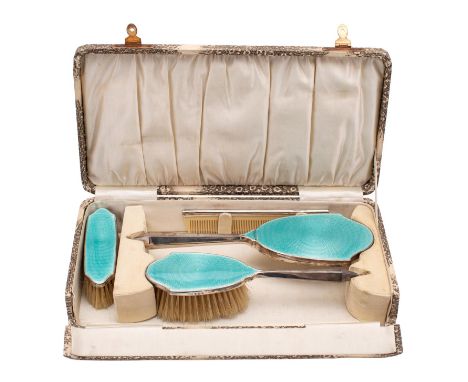 A George V silver and enamel dressing table set, maker David Moss &amp; Co, Birmingham, 1929, includes hair brush, clothes br