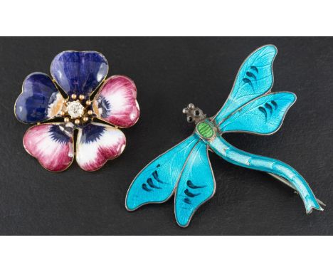 Two enamel brooches, including an Art Nouveau, silver, blue and green enamel dragonfly brooch, with hallmarks for Birmingham 