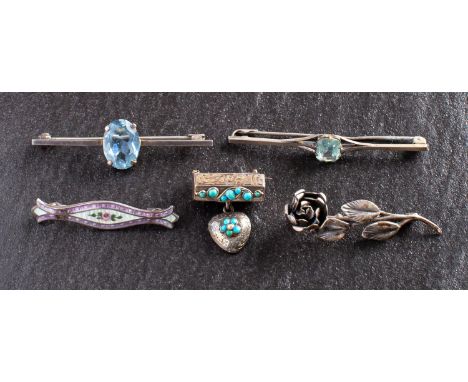 Five brooches, including an octagonal prism set with turquoise with a heart-shaped pendant set with a turquoise and seed pear
