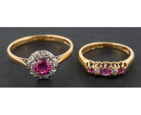 Two 18ct gold, diamond and ruby rings, including a ruby and single-cut diamond cluster ring, estimated ruby weight ca. 0.35ct