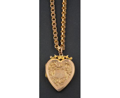 A heart shaped locket pendant, with engraved floral decoration, together with a fancy-link chain, stamped '9CT', length of pe