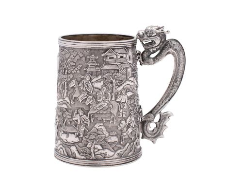 A  Chinese silver mug, maker Khecheong, Canton, mid 19th century of cylindrical tapering form, decorated in low relief with h